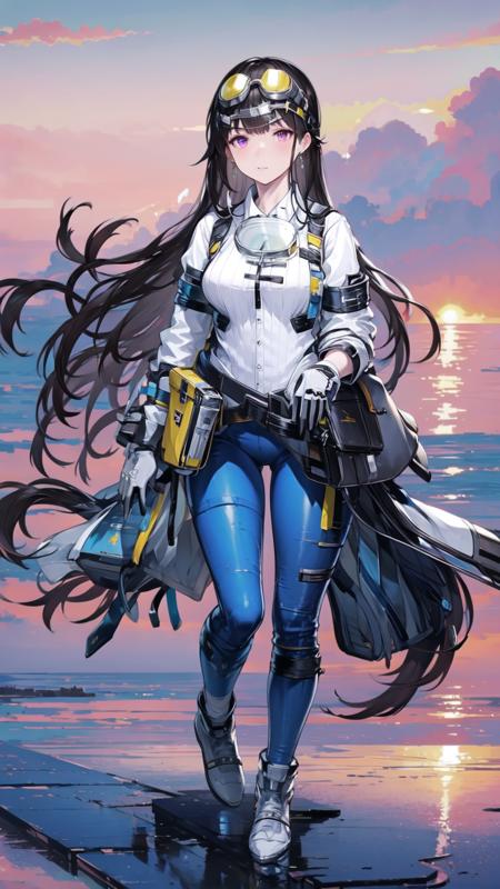 1girl, solo, long hair, black hair, gloves, black gloves, pants, goggles, bangs, white shirt, shirt, jacket, goggles on head, blue pants, pouch, breasts, jewelry, earrings, standing, long sleeves, purple eyes, white jacket, <lora:YaoWinterV1:0.9>, yaowinterSB, full body, beach, ocean background, blue sky, clouds,