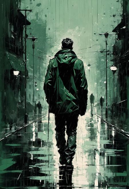 a man walking, in the style of dark green and black, brutal and heartbreaking composition, absolutely alone, rainy, digital painting, expressionism, gloomy, looking to bottom, intense and brooding dark tones, emotionally profound, high quality, unforgettable, very intricate, by Milo Manara and Russ Mills