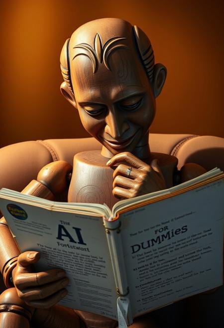 "Illustrate a hyper-realistic image of a ventriloquist dummy sitting in a cozy, dimly lit room, intently reading a book titled "AI for Dummies". The dummy's wooden face is rendered in exquisite detail, with intricate carvings and a subtle, studious expression. His eyes are cast downward, focused on the page, and his mouth is slightly ajar, as if he's pondering a complex concept. The book itself is worn and dog-eared, with notes and bookmarks scattered throughout its pages. The dummy's limbs are posed in a relaxed, naturalistic way, with one hand holding the book and the other cradling his chin. The background is a warm, golden brown, evoking a sense of comfort and quiet contemplation. The overall effect is one of whimsical, humorous irony, as if the dummy is seeking to learn the secrets of artificial intelligence." highest-Quality, intricate details, visually stunning, Masterpiece