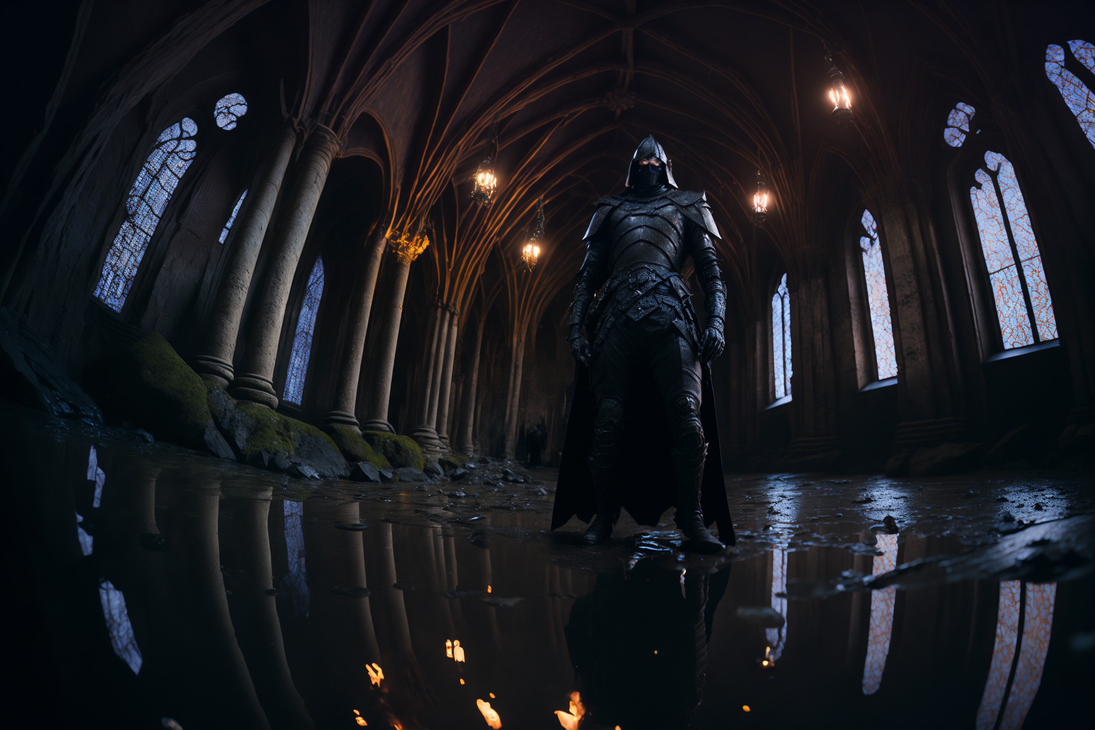 fisheye lens, portrait photo of medieval knight standing inside a gothic church, wet stone, puddles, infinite vaults, bloo...