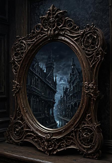 Victorian modern architecture, the city of Yharnam is inside the small mirror, The small mirror is centered, bloodborne, oil painting, done with japanese brush technique, realistic, extreme detail, scary, terrifying, dark and warm environment, 8k, looking at viewer, ominous, looming, eldritch
<lora:EpicF4nta5yXL:0.8>