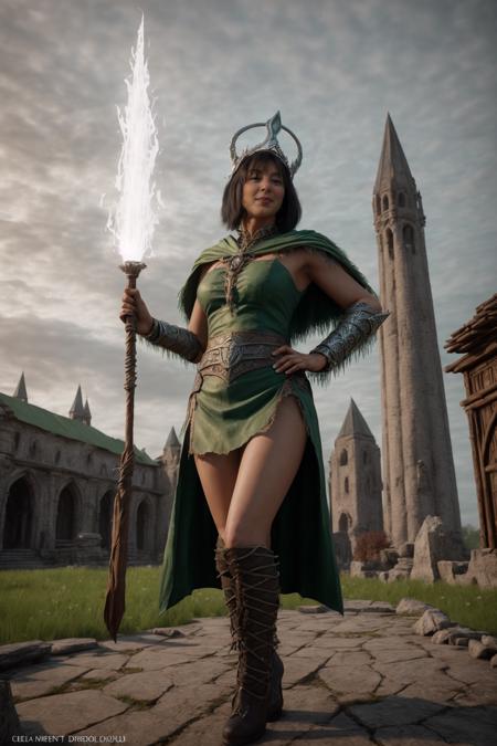 High detail RAW color photo professional photograph of sorceress from Diablo 2, sorceress, tall, slim, wearing a long green cloak adorned with mystical symbols, silver circlet headgear, holding a elemental staff, short black hair pixie cut, mystical, medieval scene, dilapidated, pastel colors, backlighting, depth of field, natural lighting, dark scene, hard focus, film grain, (3d), ray traced, rendered, photographed with a sony a7r5, sony 35mm f1.4, full body shot, bending towards camera, <lora:add_detail:0.8>,  <lora:flat2:1>