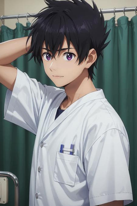 ryuunosuke_minakata, black hair, purple eyes, short hair, bangs, hair between eyes