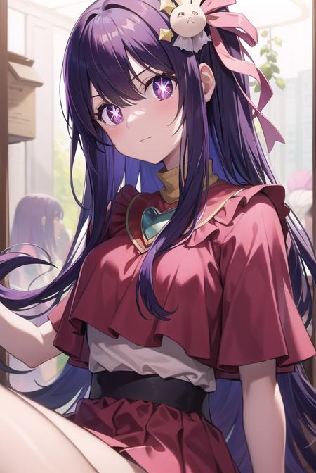 aihoshino, <lora:aihoshino-lora-nochekaiser:1>,
ai hoshino, hair between eyes, hair ornament, hair ribbon, long hair, one side up, (purple eyes:1.1), purple hair, rabbit hair ornament, (star-shaped pupils:1.5), symbol-shaped pupils,
BREAK belt, black belt, brooch, dress, pink dress, frilled dress, frilled gloves, frills, gloves, heart brooch, idol, idol clothes, jewelry, pink gloves, red ribbon, ribbon, turtleneck dress,
BREAK looking at viewer,
BREAK indoors,
BREAK <lyco:GoodHands-beta2:1>, (masterpiece:1.2), best quality, high resolution, unity 8k wallpaper, (illustration:0.8), (beautiful detailed eyes:1.6), extremely detailed face, perfect lighting, extremely detailed CG, (perfect hands, perfect anatomy),