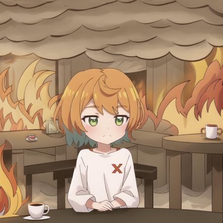 ((masterpiece)), ((best quality)), mona_teppen, long white shirt, thisisfine, <lora:mona_teppen-000004:.8>, mona, <lora:thisisfine:1.15>, table, coffee_mug, steaming coffee, cute, staying positive, surrounded by flames, fire, (sitting:1.25), smoke, (solo:1)