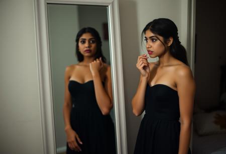 A young woman, Priya, stands in front of a full-length mirror, her expression a mix of apprehension and determination. She is in her dorm room, getting ready for a party, and the mirror reflects her elegant yet understated black dress. Her heart pounds as she applies a light coat of lipstick, her hand trembling slightly. The room is softly lit, creating an atmosphere of anticipation and uncertainty.