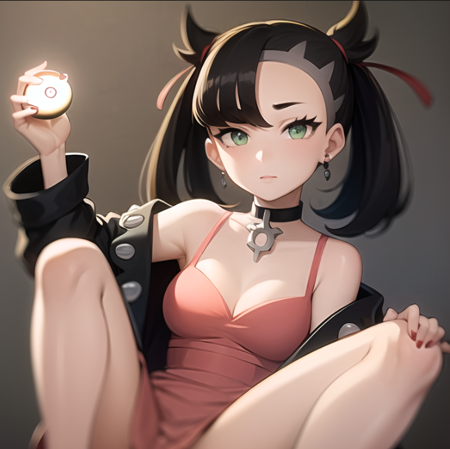 beautiful, masterpiece, best quality, extremely detailed face,  perfect lighting, 1girl, solo, sketch, <lora:Afrobull:0.3>, <lora:PokeMarnie:1>, marnie \(pokemon\), green eyes, black choker, black footwear, black jacket, boots, breasts, choker, cleavage, collarbone, dress, holding, holding poke ball, jacket, jewelry, long sleeves, looking at viewer, open clothes, open jacket, pink dress, poke ball, poke ball \(basic\), simple background, sitting, solo, white background