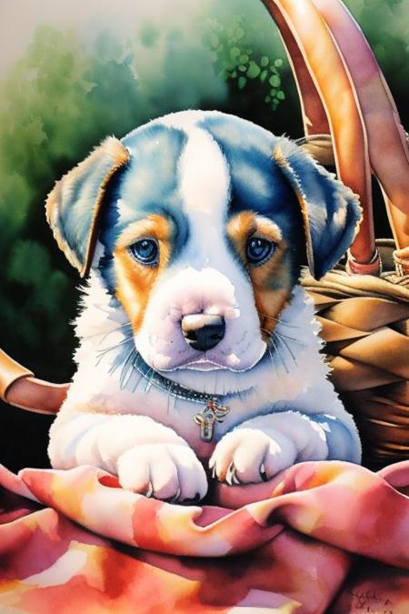 <lora:wcolors:0.9> watercolor, detailed painting puppy dog sharp blue eyes, basket