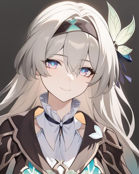 masterpiece,best quality,<lora:ireflyv1:1>,firefly \(honkai: star rail\), 1girl, solo, smile, looking at viewer, black background, long hair, simple background, bangs, hair ornament, dress, closed mouth, grey hair, blue eyes, long sleeves, hair between eyes, grey eyes, hairband, headband