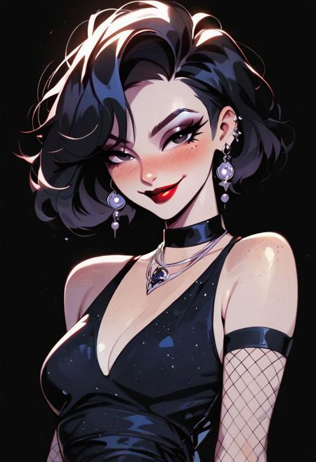 (score_9, score_8_up, score_8:1.2), ((solo)), beautiful mature mother, (pale white skin:1.2), freckles, blushing, (black short hair:1.2), black eyes, red lipstick, dark eyeliner, black necklace, large ring shaped black earing, smug smile, looking at viewer, small breasts, tight waist, slim feminine body, small hips, round ass, cute, eyelashes, fishnet stocking dress, black background, middle body focus, fully body shot