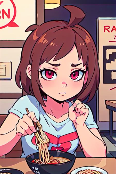 ((masterpiece, best quality)), (1girl),(((Max Caulfield))), 80's style anime, chibi:1.5, (((ramen shop))), (suspicious),