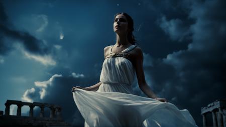 cinematic film still of  <lora:spartan style v2:1>
In 480 B.C. Oracle Girl a Greek woman in a white dress is floating in the dark temple with cloudy blue night sky, spartan style, shallow depth of field, vignette, highly detailed, high budget, bokeh, cinemascope, moody, epic, gorgeous, film grain, grainy