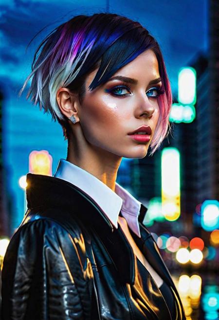 masterpiece, German 1girl, solo focus, tall female, short hair, multicolored hair, blue eyes, jewel like eyes, huge breasts, black coat, white shirt, accessories, city background, futuristic city, night, rain, moody, cyberpunk,