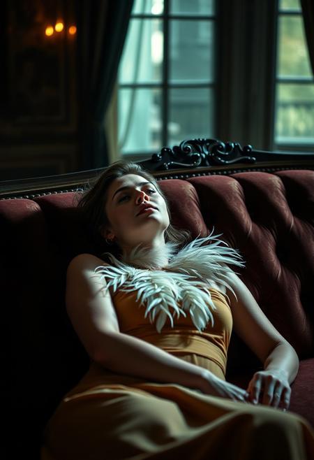 a woman lying down in a luxurious sofa in a présidentiel house like roman or french castle ,  have Feathers on her neck , dramatic light