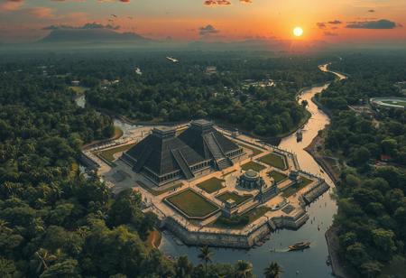 3d, detailed, detailed hands, detailed face, best quality, intricate detail, masterpiece, best quality, amazing quality, very aesthetic, full shot, birds eye view, looking down, view from above, a sprawling jungle, tall trees, rivers branching through the jungle, three pyramids in the jungle, the pyramids are spread apart, the pyramids are black and they are in a clearing, there are granite buildings and structures around the pyramids, there are granite paths connecting the pyramids and structures, there are people walking about, there are pillars that generate light to eliminate the the structures and paths, there are Kunlun Mountains in the distance, there are structures on the mountains, the sun is setting, the sky are shades of orange and pink, there are clouds in the sky, birds are flying over head, the moon is in the sky, boats are on the river with people rowing them, a residential area is visible, an tall buildings are erected throughout the jungle,
