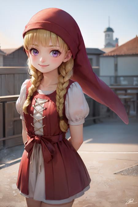 (masterpiece, best quality:1.2), <lora:dq11_veronica-10:1>, cowboy shot, solo, 1girl, veronica \(dq11\), smile, closed mouth, looking at viewer, arms behind back, red hat, purple eyes, red dress, puffy short sleeves, jewelry, bracelet