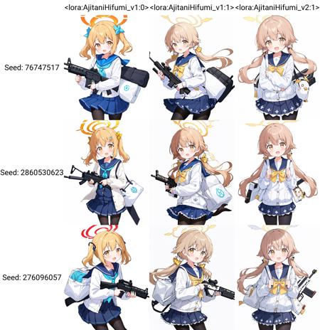 breathtaking,hifumi \(blue archive\), holding assault rifle, 
1girl, solo, bag, black pantyhose, white background, simple background, assault rifle, looking at viewer, blue sailor collar, open mouth, school uniform, blue skirt, low twintails, bullpup, pleated skirt, halo, white bag, long sleeves, yellow bow, white cardigan, blush, :d, hair ornament, teeth <lora:AjitaniHifumi_v1:0>  . gorgeous,key visual, vibrant, studio anime,award-winning, professional, highly detailed,high budget, cinemascope