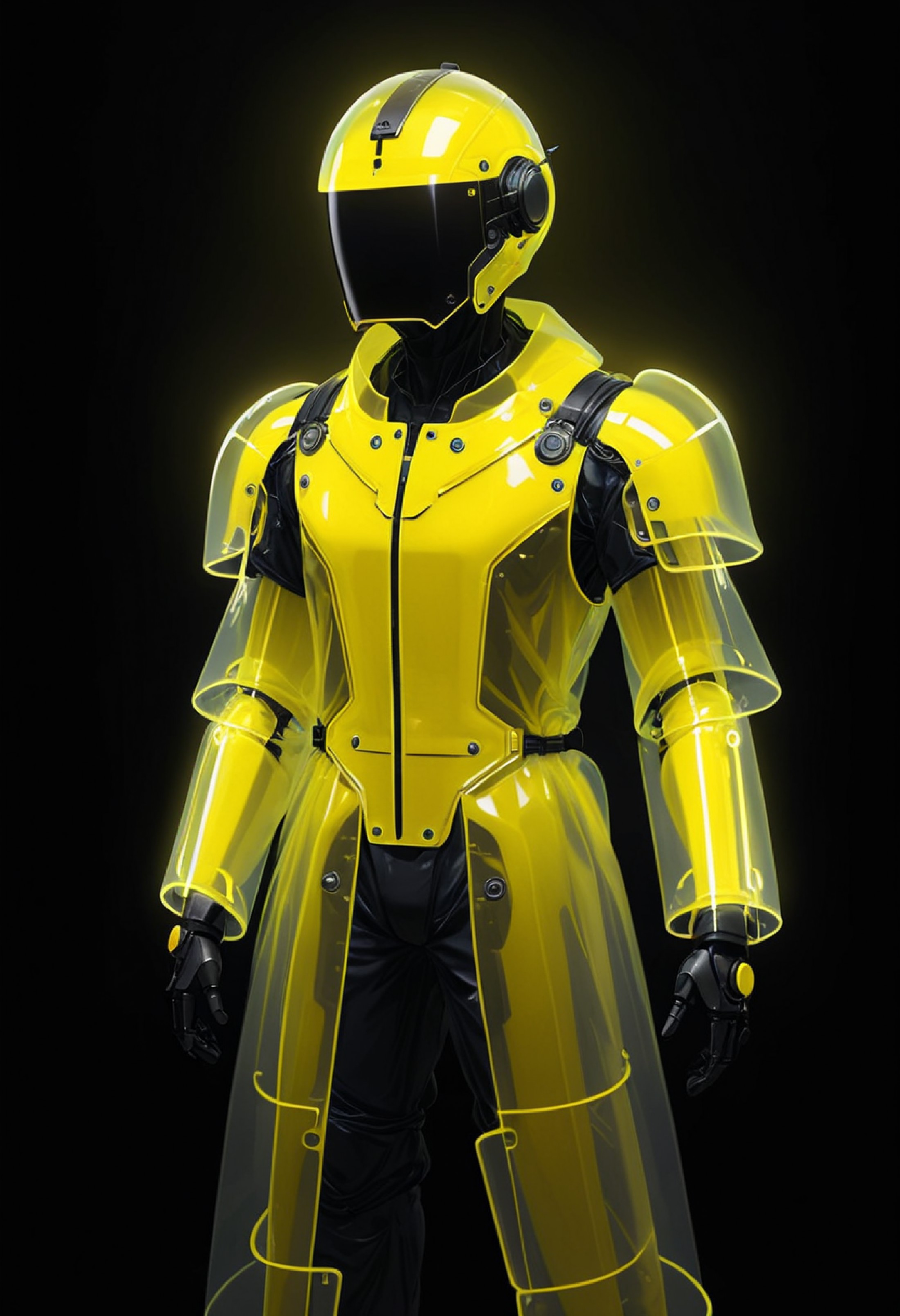A cyberpunk robot wearing a transparent yellow mackintosh, glowing elements, masterpiece, best quality,