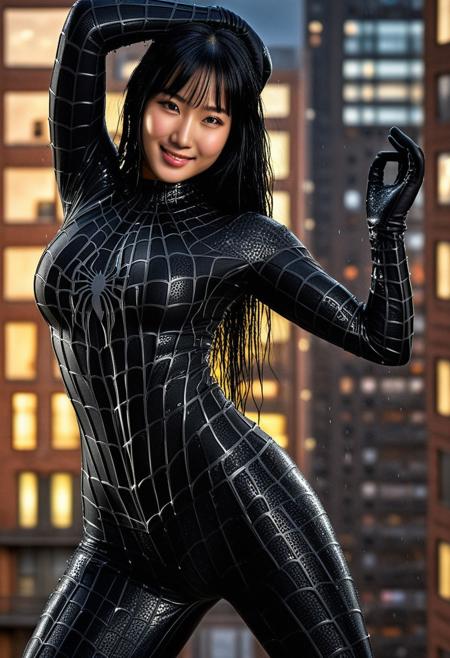 score_9, score_8_up, score_7_up, best quality, realistic, masterpiece, beautiful detail, hyperrealistic, afternoon sky, ((1girl, woman body, huge breasts)), amazing detailed full body portrait of a beautiful japanese girl, wearing a realistic and highly detailed black raimi spider-man suit, ((huge muscular girl)), professional model wears ultra - detailed black raimi spider - man suit, ultra - detailed and grained black raimi spiderman suit, suit covered entire body and hand, black spiderman gloves, wet, dancing, (black hair), (cute smile), (dirty skin), close up, octane render, highly detailed, volumetric, dramatic lighting, (highest quality:1.1), (HDR:1.3), (top quality, best quality), realistic, high definition, Expressionism - sharp focus, professional photography, masterpiece, ultra detailed photograph, high quality, 8k,