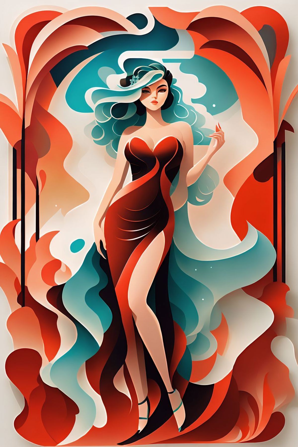 A colorful illustration of a woman in a red dress.