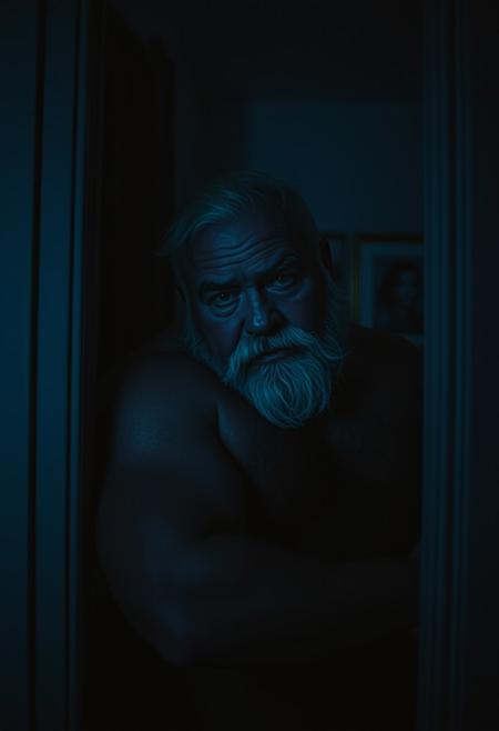 Lowlight nighttime mobile camera Closeup portrait with a focus on the face and upper body, Romantic arthouse film showing an intimate scene at night, Alone solo, Lustful pervert gay Sexual tension, vintage erotica photography, old hairy obese tanned grandpa daddybear, looking at viewer with seductive lustful expression, standing in doorframe of dark hallway, leaning onto doorframe with elbow,  massive muscular steroid biceps, in a dark bedroom at night, lowlight grain, dark blue atmosphere, the man is in the shadows and very dark, blue TV light