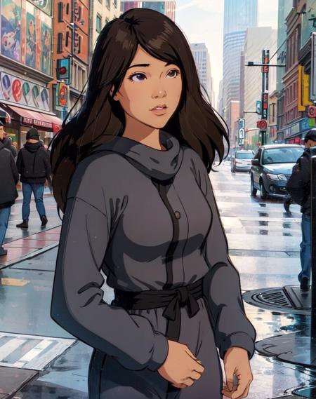 Lotus Blossom, 1girl, solo, upper body, ninja costume, outdoors, New York city background, (best quality:1.2) <lora:Lotus:.75>