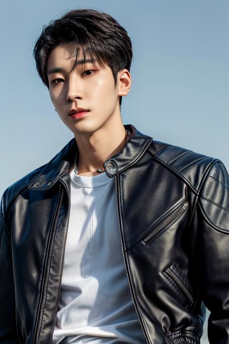 wonwoo, face, upper body, black leather jacket, muscular, mesh, detailed skin, (absurdres, highres, ultra detailed),((masterpiece)), ((best quality:1.1)), High Resolution, 8k,1boy, best quality, masterpiece, (photorealistic:1.4), 4k, high quality, masterpiece, best quality, highres, dynamic poses, realistic, mature male, looking at viewer <lora:add_detail:0.5> <lora:wonwoo-10:0.9>