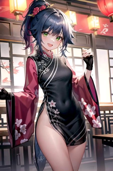 <lora:clivia_jessica-03:1>, black hair, multicolored hair, ponytail, animal ears, green eyes, :D, happy, upper body, china dress, black shorts, thighs, long sleeves, wide sleeves, chinese architecture, restaurant, new year, night time, subsurface scattering, chiaroscuro, (masterpiece, best quality:1.2), dynamic composition, reflections, (fingerless gloves), floral print