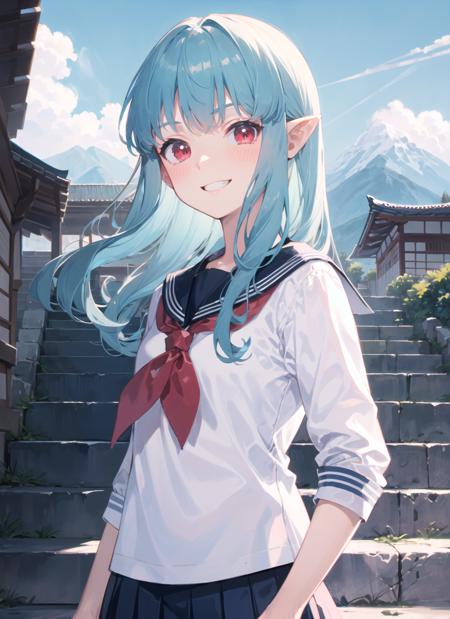 <lyco:kiriha1-000002:1.0>, kiriharnd, school uniform, sailor uniform, skirt, upper body, smile, blush, outdoors, day, simple background, blue sky, sky, temple, looking at viewer, stairs, mountain, moody lighting, facing viewer,