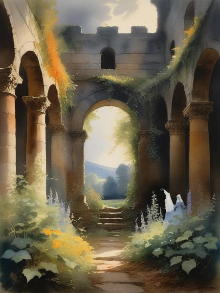 <lora:09WatercolorPainting_Hap_XL:1.6>,Winslow Homer style, watercolor painting, watercolor, oil painting,watercolor oil painting, oil painting, Fairies play with the ghosts of the past in an enchanted garden in the ruins of an old castle, a secret tunnel leads to a forgotten crypt,  dramatic clouds, gloomy, mysterious, hazy, dusty, mystical, mysterious, gloomy, hazy, dusty, dramatic light,  34K uhd, masterpiece, high detail, 8k, intricate, detailed, high resolution, high res, high quality,  highly detailed, Extremely high-resolution details, fine texture,