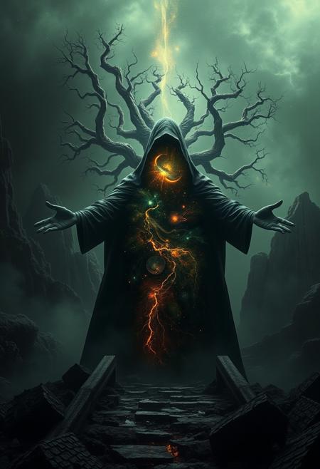 A universe inside a dark cloaked figure within mysterious landscape in an unfathomable realm of fantastic creation inhabited by ancient shadows of a forgotten time beyond the gate of the gateless gate where life is limitless, light is shadow and shadow is light, eerie sense, horror, spark of the beginning, existence and nonexistence at once, ethereal, outstretched arms, behold the end of the beginning, inglorious glory to the dark one, betrayal of the ancient order, beware the 7headed beast, destroyer of the old ways, bearer of the unbearable, nightmarish, archaic runes, tree aging backwards, breath of the gods, ruins of a place unimagined, extreme intricate detail, photorealistic, beyond epic scene, fate discarded, unseeable face of god, the end is the beginning, the beginning is the end, man arises as god dies, as above so below, as below so above, emerald tablet, thoth, guardian and saboteur of existence, hopeless hope, ghosts of the unborn, conception of the inconceivable, cosmic well of imperceptible perception, evil aura, infinite emptiness, pillars of void, overwhelming subtlety, abstract sacred geometry, beams of readiness without intention