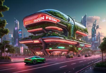 a futuristic city, building with luminous neon sign, huge screen with advertissement, very populate, road in sky , flying car, photorealistic, green and red tint, ecologic city with tree and flower, glowing lights, very detailled, very realistic, vegetation on roof and facade