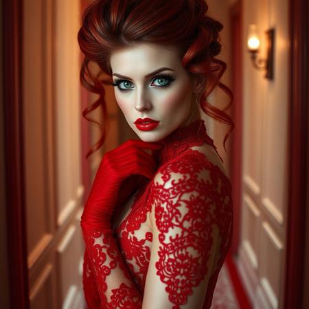 a gorgeous 30 years old caucasian woman, very pale skin, very long red hair in updo with curls hanging down, long black eyelashes, black mascara, black eyeliner, big blue eyes, green sparkling smokey eyes eyeshadow, luscious sensual red glossy lips, rouge, sexy elegant curves, red elegant lace choker, long red lace gloves, long red lace dress with cleavage and side slit, red stockings, looking at viewer sensually and dominantly, Erotic hallway