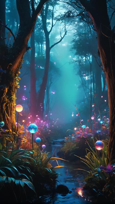 <(A gothic, watercolor interpretation of a surreal, enchanted forest, where trees are adorned with multicolored, glowing orbs and ethereal creatures roam, emitting bioluminescent light trails, by JB, Waterhouse, Carne Griffiths, Minjae Lee, Ana Paula Hoppe, Stylized watercolor art, Intricate, Complex contrast, HDR, Sharp, soft Cinematic Volumetric lighting, flowery pastel colours, wide long shot, perfect masterpiece, motion blur):1.0>,
<(detailed matte painting, deep color, fantastical, intricate detail, splash screen, complementary colors, fantasy concept art, 8k resolution trending on Artstation Unreal Engine 5):0.9>,
(iconic photograph:1.4), (visual storytelling:1.2),
 <lora:Bio-Luminescence:0.5>