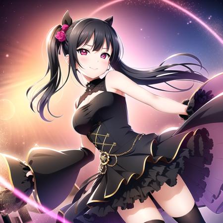 best quality, ultra high res, (photorealistic:1.4), 1girl, solo focus, ((black mini see through dress)), elbow dress, black thighhighs, frills, ribbons, studio background,floating hair, looking at viewer, facing front