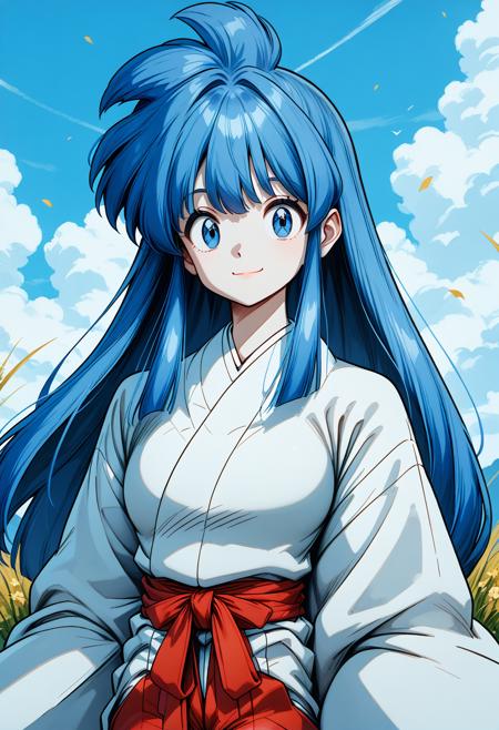 okinu-chan, blue eyes, blue hair, sidelocks, long hair, japanese clothes, long sleeves, BLEAK (red hakama:1.4), hakama, miko,