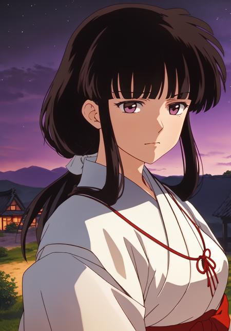 Kikyo, (((brown eyes))), black hair, red and white kimono, cowboy shot, full body, photorealistic, (hyperrealistic:1.2), perfect eyes, perfect face, perfect lighting, outdoors, warm colors, dark purple sky, smug, windy, village at night,