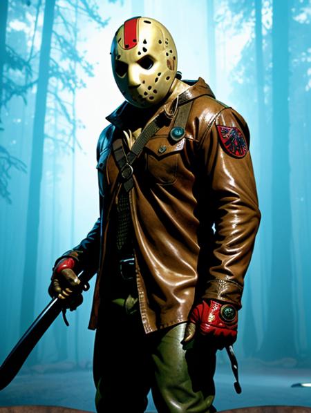 pt3jasonvoorhees-2250, looking at viewer, wearing Jason Voorhees Hockey Mask, during  a dark and stormy night, at Camp Crystal Lake, in the style of the film Friday the 13th, photorealistic, masterpiece