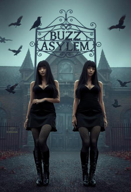 (masterpiece, ultra-detailed, high-resolution, cinematic lighting, photorealistic).
Two identical twin women,  beautiful black haired  women long straight black hair with bangs, large round breasts, wide hips, sexy voluptuous body, beautiful face, wearing matching short black dresses, with wide skirts, black fishnets, black knee high leather boots, is standing under an old iron sign in front of spooky old insane asylum, building is old gothic insane asylum, sign says “BUZZ ASYLEM”:1.9, ravens flying around:0.8, mystery and dark:0.9, horror film, horror, foggy,