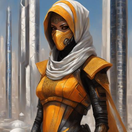 Clair-obscur, digital painting, oil painting, ((detailed portrait)), (full body) close-up of female ninja "mass effect" fremen knight wearing luxurious yellow and orange silk and lace hijab, in front of futuristic turkish moroccan skyscrapers made from white marble and black stone, "traditional 15th century arab architecture" and cyberpunk and spacepunk, in gorgeous french japanese jungle garden park oasis with purple and pink alien plants, in cyberpunk dubai "abu dabi" "kuala lumpur" singapore with lots of LCD screens and neon, retrofuturistic white armoured military dune buggies with arab decoration, in the style of arcane and fernanda suarez pascal blanche and Hermann Stenner and simon stalenhag and Gustavé Doré and alex grey and alphonse mucha and nekro and josan gonzalez and dishonored and bioshock and simon stalenhag and rembrandt and Roger Ballen and Yousuf Karsh and HR Giger and Dariusz Zawadzki and John Jude Palencar and David Cronenberg and Liam Wong and Zdzislaw Beksinski and Luis Buñuel and Takashi Miike and David Lynch and Luis Royo and jakub rozalski and Ilya Kuvshinov and Wlop and Artgerm, trending on artstation, featured on pixiv, dynamic lighting, hyper detailed, octane render, 8k 