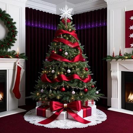 Exquisite white christmas with purple-red silk, beautiful christmas tree with diamond star with green tree and rubies