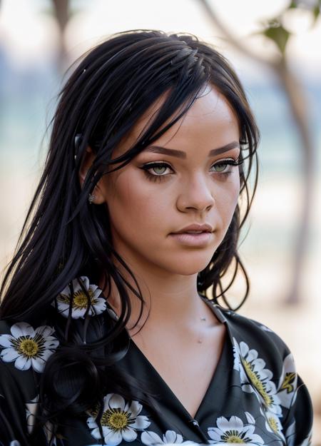 portrait, attractive young woman, (beautiful face:1.1), detailed eyes, luscious lips, (eye makeup:1.2), (large breasts:1.0), (tight body:1.2), (black hair:1.2), wearing (flowery dress:1.2) at (the beach:1.2). (morning sun lighting:1.2), depth of field, bokeh, 4K, HDR. by (James C. Christensen:1.2|Jeremy Lipking:1.1).