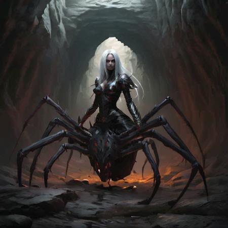 
drider, 1girl, solo, no humans, spider legs, arthropod limbs, multiple legs, long hair, breasts, medium breasts, white hair, armor,