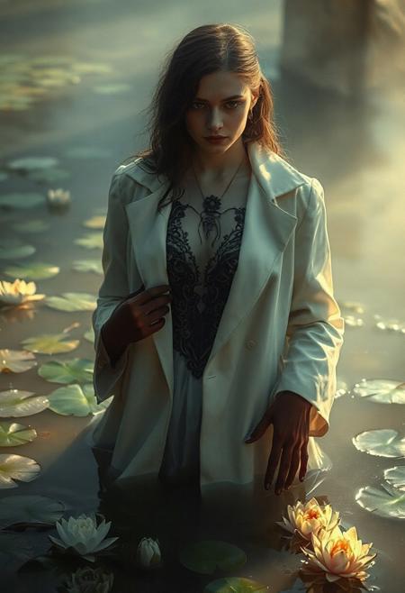 A surreal and unsettling image of a woman standing in waist-deep water, surrounded by water lilies. She wears a white coat and a dark, intricately designed bodice. The lighting is soft and diffused, creating a dreamlike atmosphere. Her face is partially obscured by the water, creating a sense of mystery and intrigue. The most striking feature is her hands, rendered in a deep crimson, hinting at a hidden narrative. Art Nouveau style, highly detailed, cinematic lighting, volumetric light, inspired by William-Adolphe Bouguereau and Frank Frazetta.