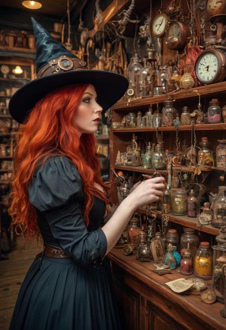 A red haired witch inspecting a magical, mysterious, wonderful, shop of curiosities. colourful, imaginative, steampunk