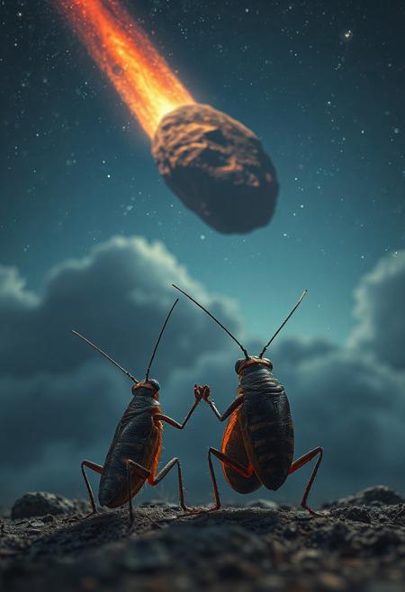 Two cockroaches sitting hand in hand looking at the sky while a giant meteorite falls.