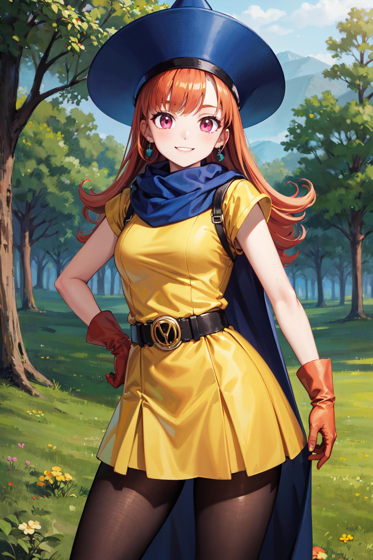 A woman in a yellow dress, blue scarf, and yellow hat, wearing red gloves, stands on a grassy field.