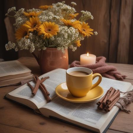 An 8k hd long shot of a rustic-style yellow ceramic coffee cup, a couple of cinnamon sticks on the side, an open Bible, and a small tiny bouquet of daisies, accompanied by a bohemian-style knitted bone-colored blanket, all placed on a wooden table. In the background, a rustic country town style setting with a beautiful autumn sunset showcasing stunning colors. Autumn trees. Award winner photo
