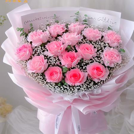 bouquet,pink dianthus carnation,white gypsophila paniculata,pink rose,pink packing, eucalyptus robusta, <lora:TS_Bouquet_V14:1>