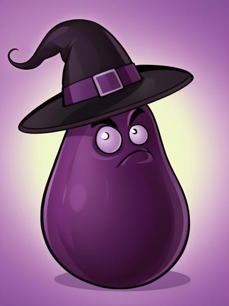 best quality, masterpiece, raw photo, 8k, cartoon, an eggplant with black hat like a magician, pvz, <lora:pvz:0.9>